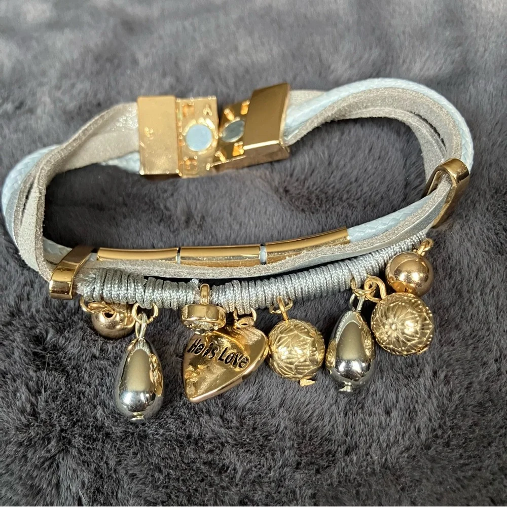 He Is Love Gold‎ & Silver Charms on Gray Layered Leather Bracelet Magnetic Clasp